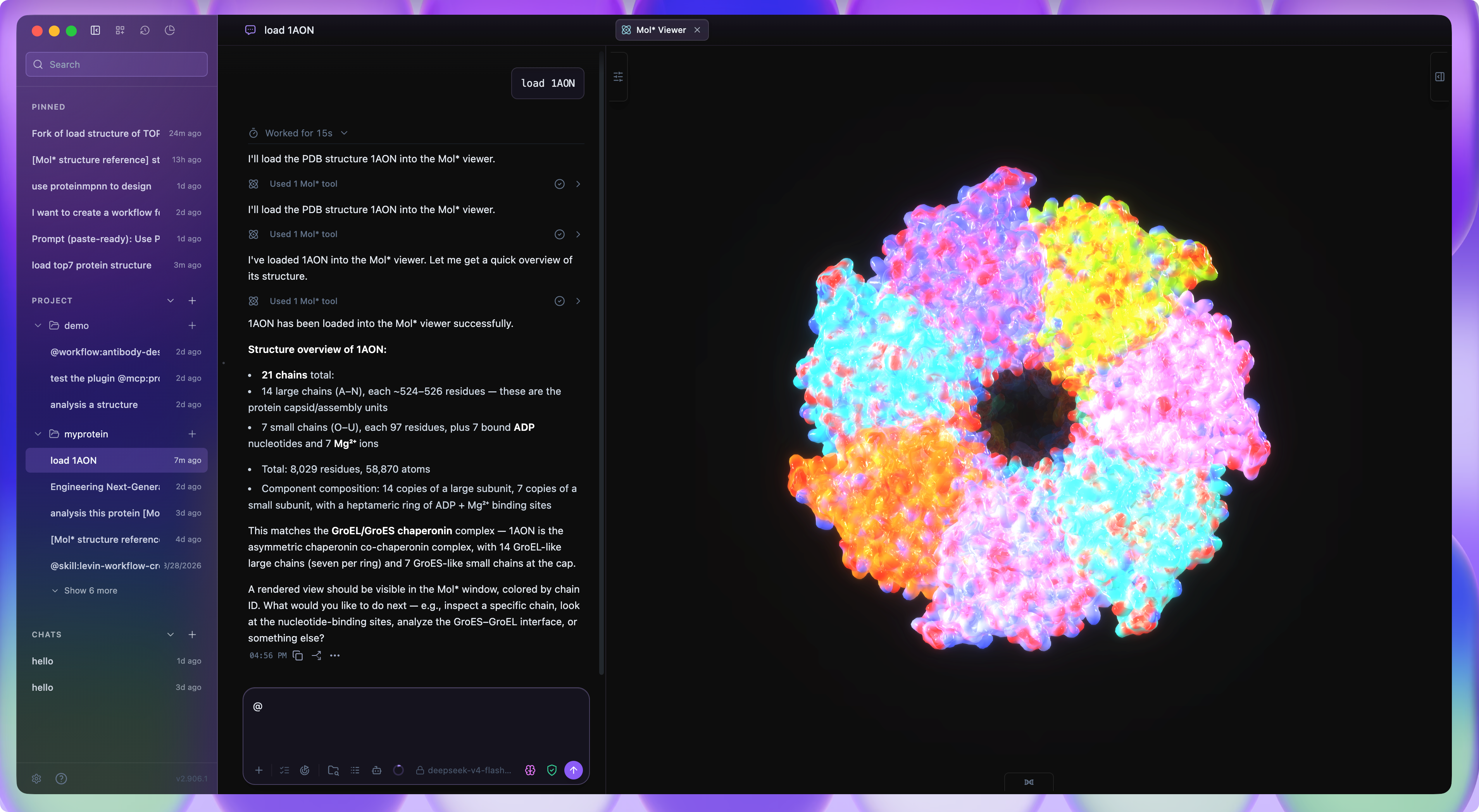 Lévin™ Harness workspace loading the 1AON structure in the Mol* viewer