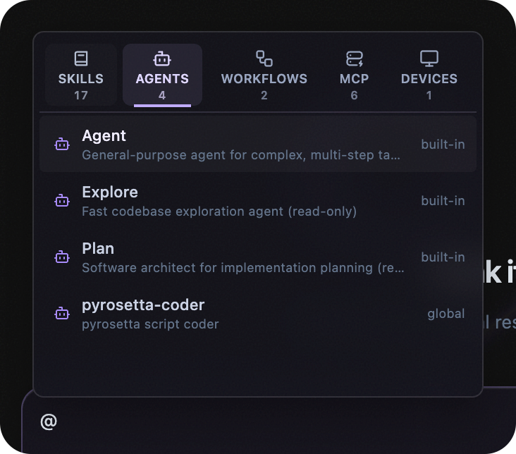 Levin capability picker listing built-in and global Agents