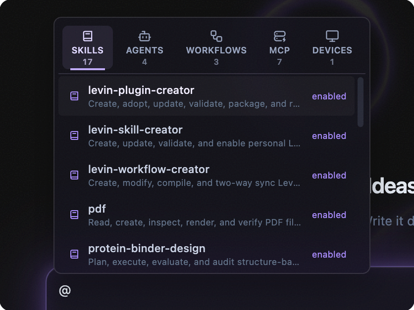 Levin capability picker showing Skills, Agents, Workflows, MCP, and Devices