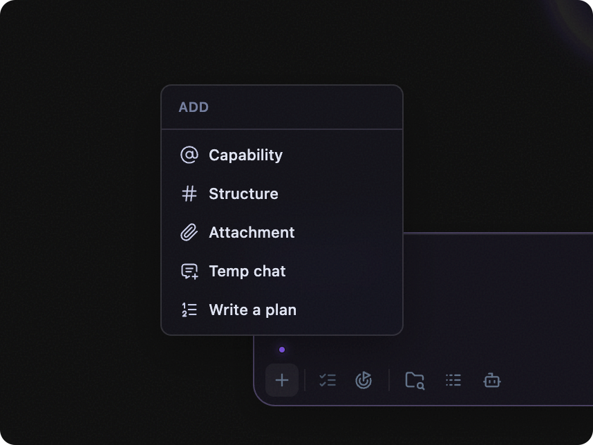 Levin composer add menu with Capability, Structure, Attachment, Temp chat, and Write a plan