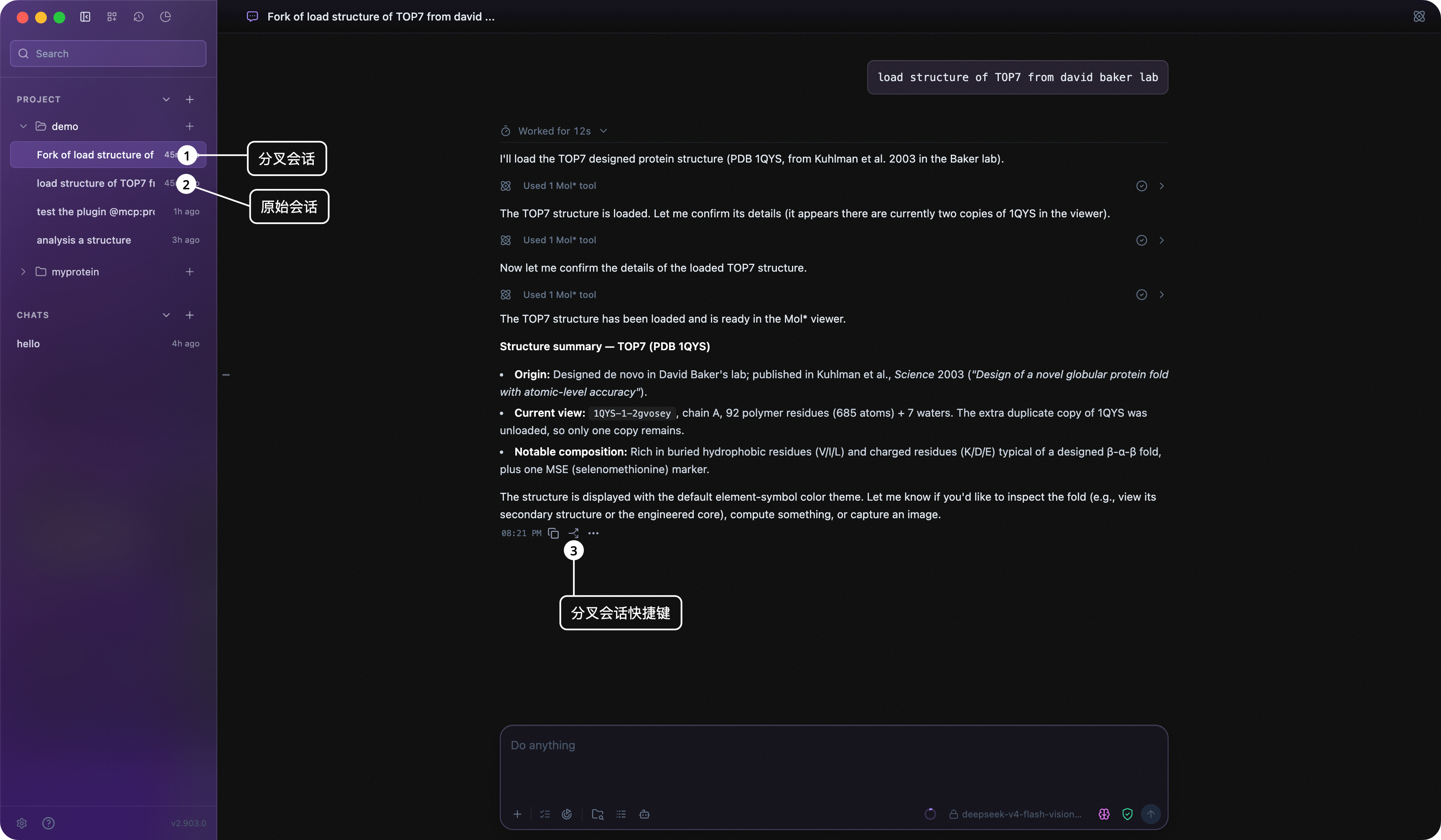 Lévin™ Harness 会话分叉示意图，标注分叉会话、原始会话和消息操作行中的分叉快捷键