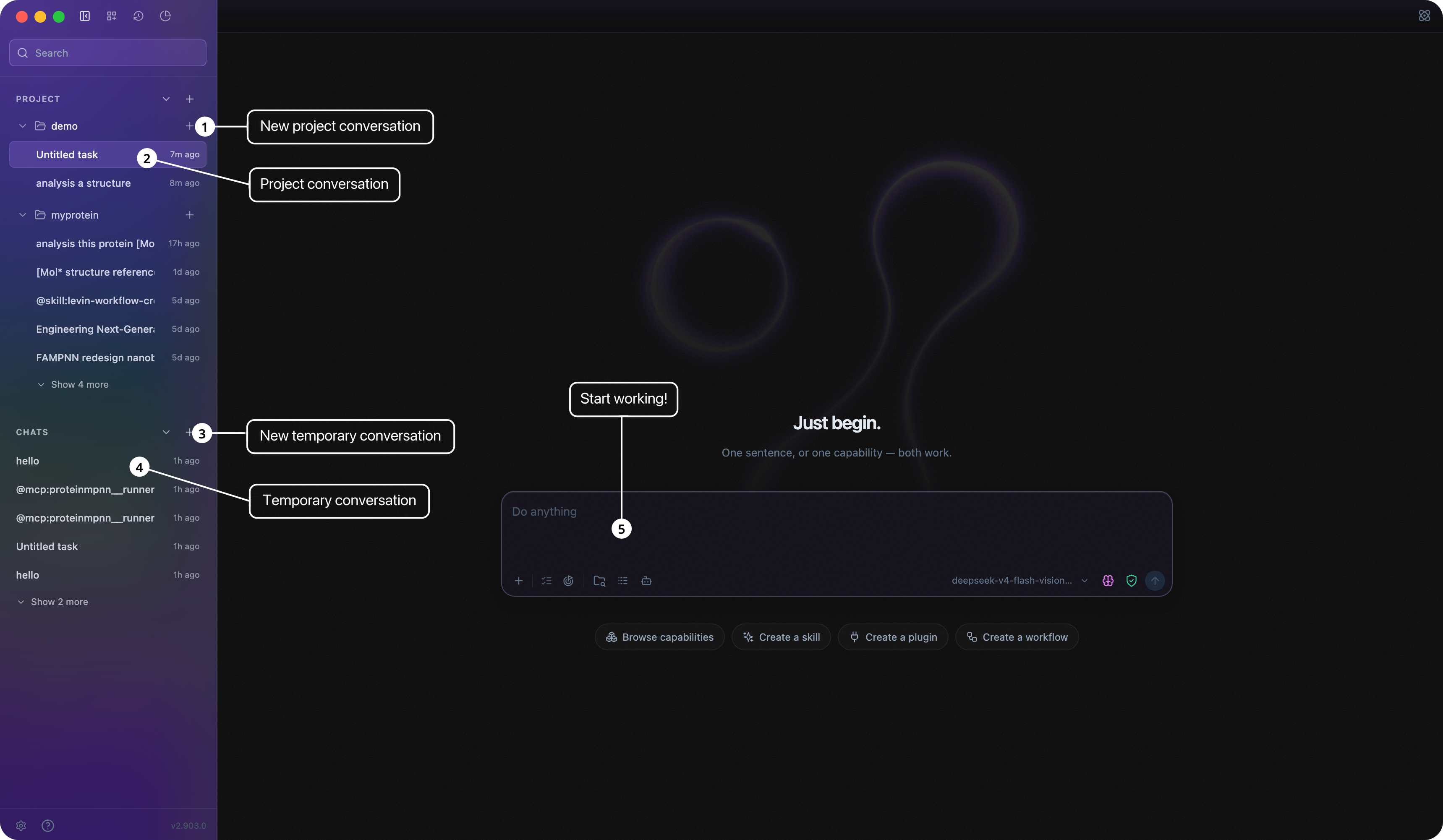 Lévin™ Harness creating and opening a new conversation inside the selected project