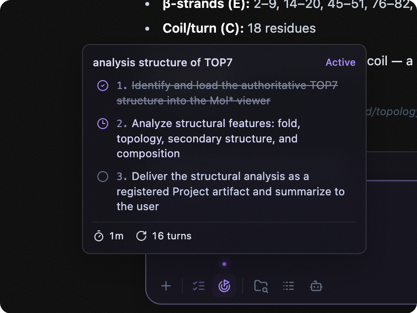 Levin composer showing an active analysis Goal and its step progress