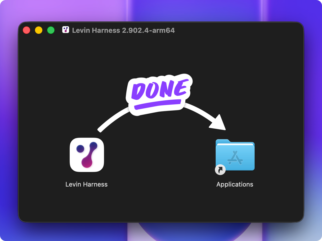 Lévin™ Harness disk image window showing the app ready to be moved into the Applications folder