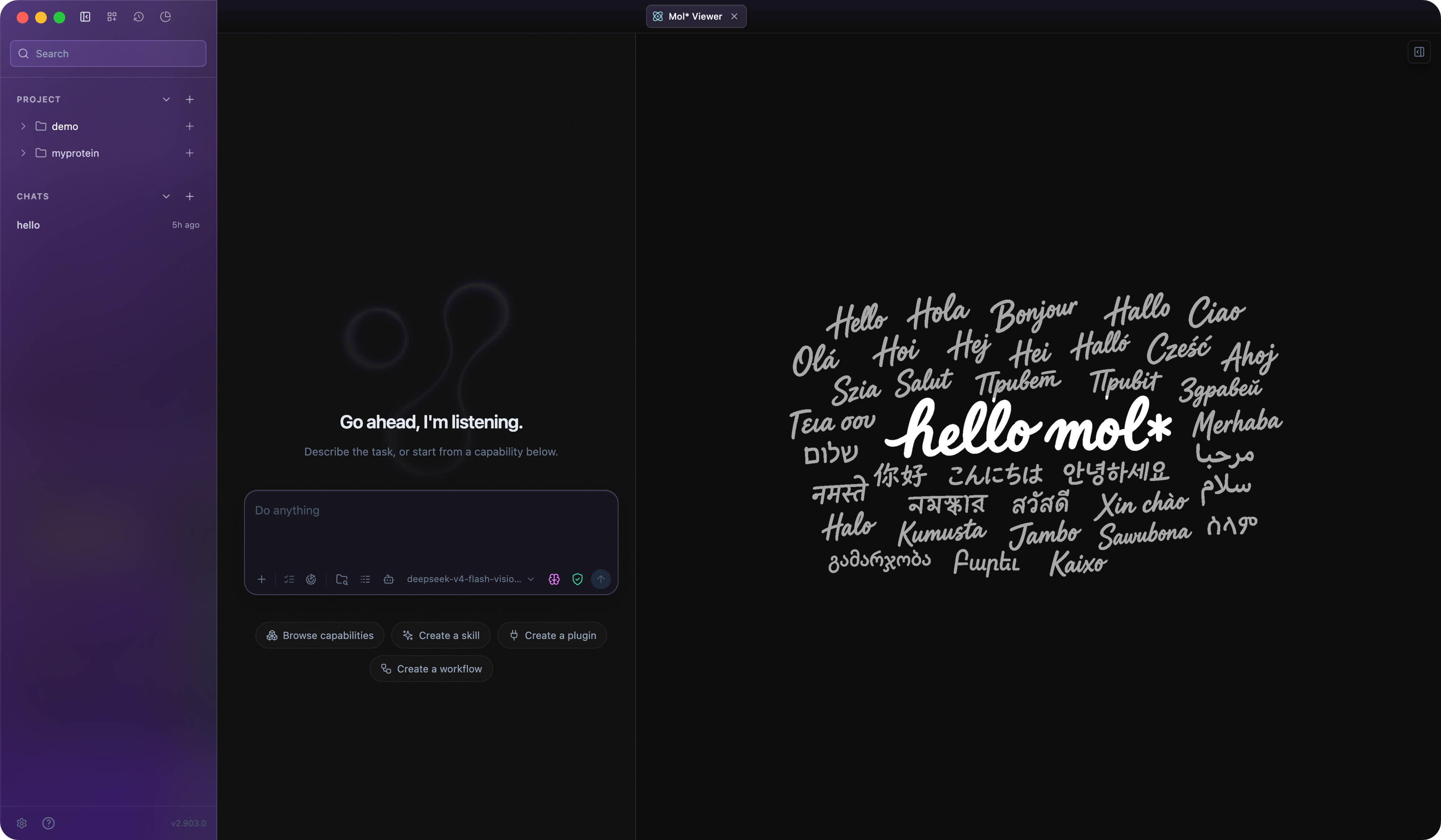 Lévin™ Harness with Chat Workspace and the Mol* molecular viewer open side by side