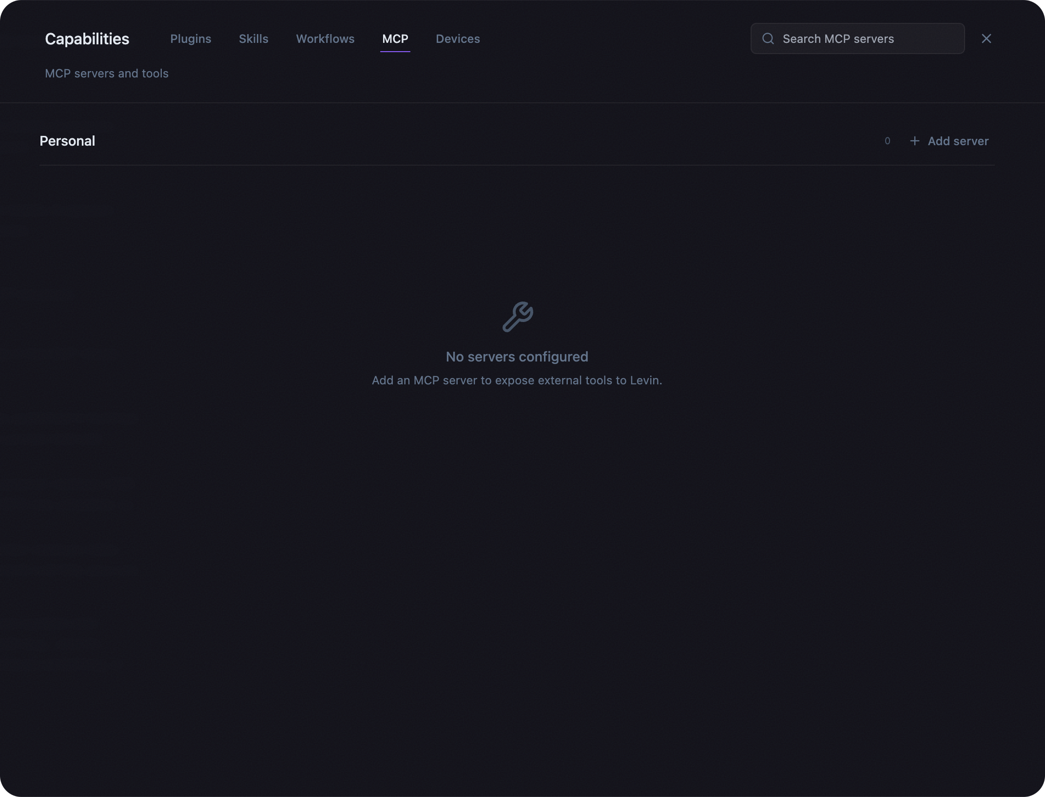 Levin MCP page with the Personal group and Add server action