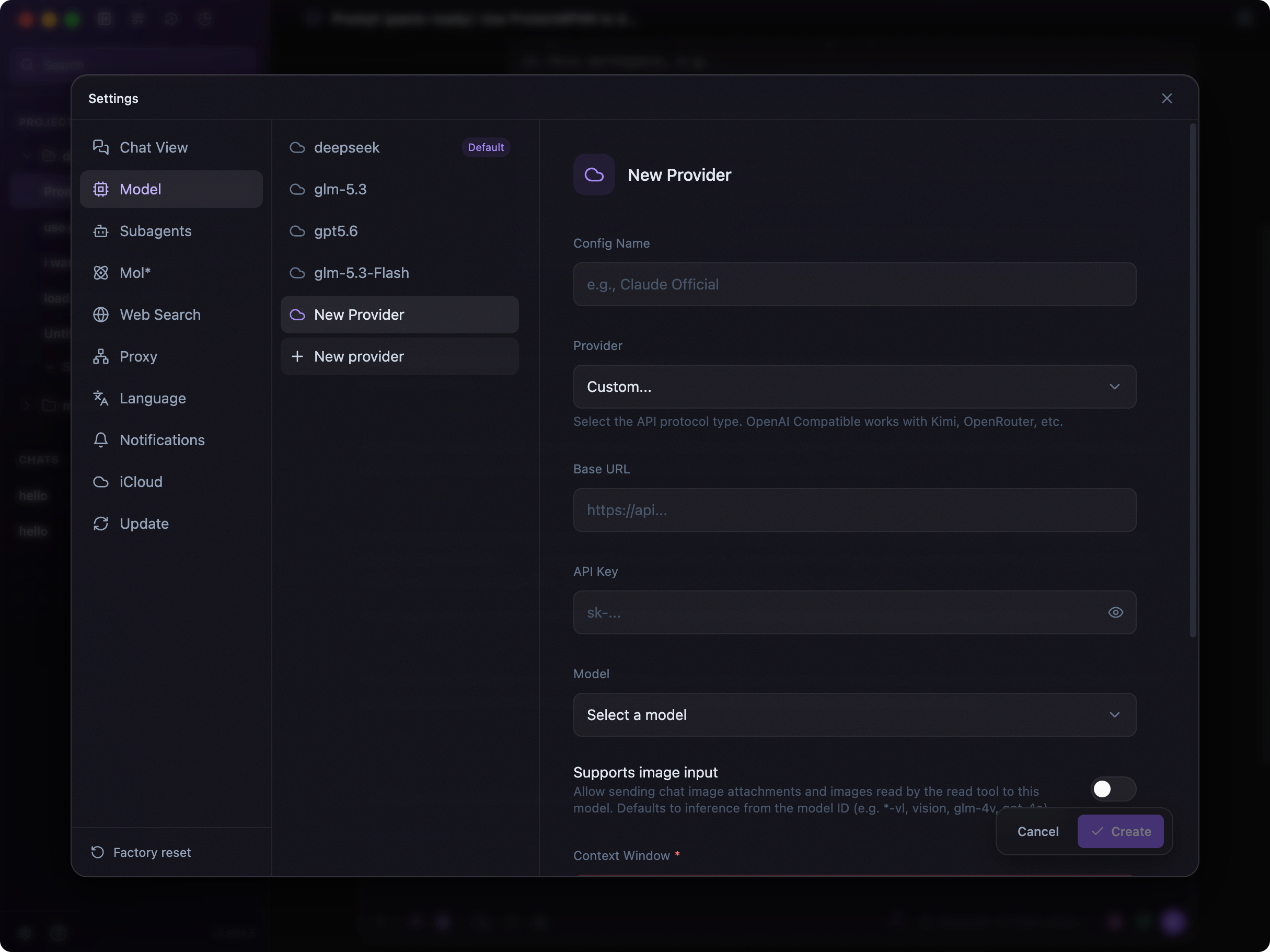 Lévin™ Harness Model settings with New Provider selected