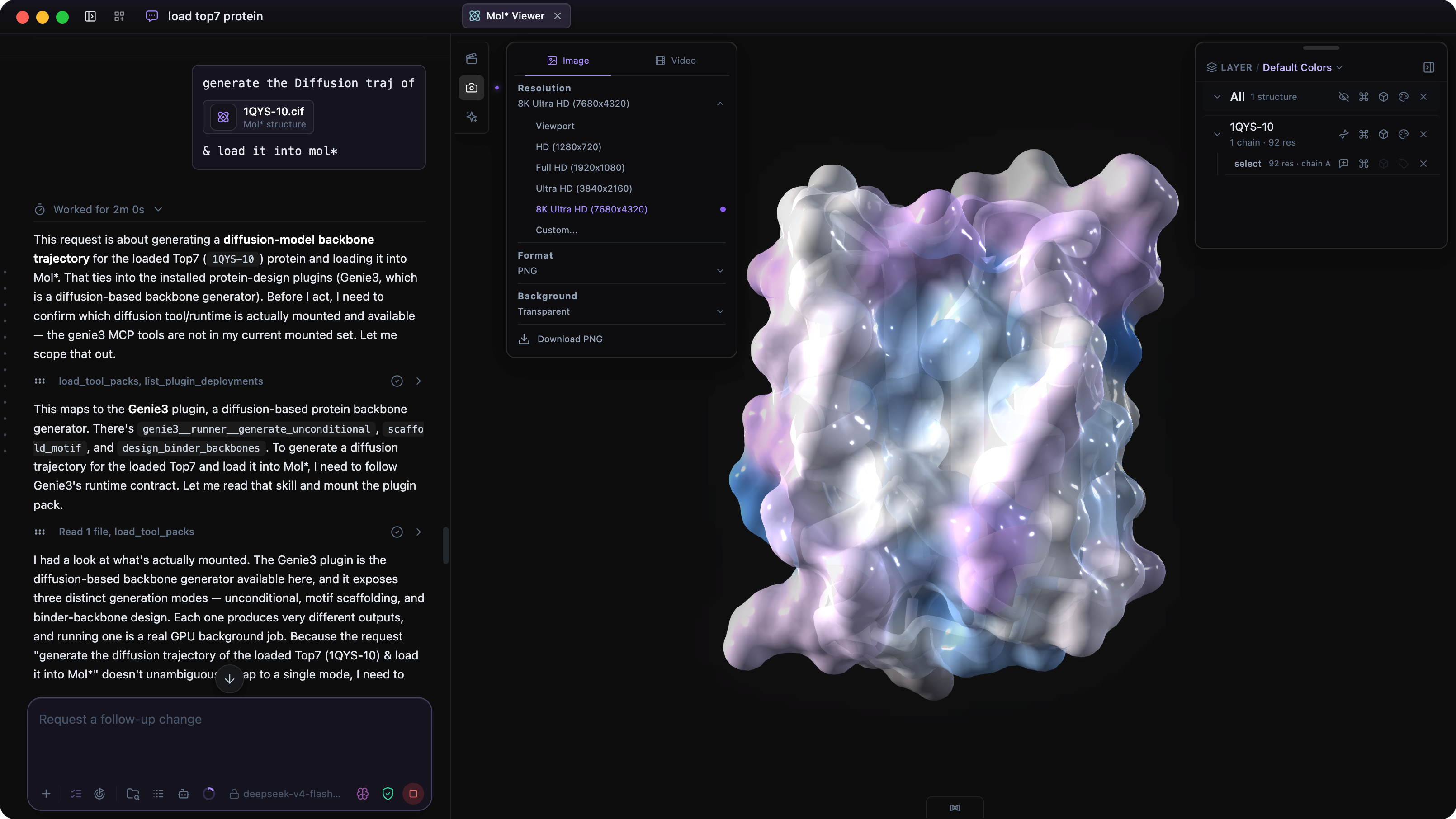 Mol* image capture panel with 8K resolution and PNG export settings