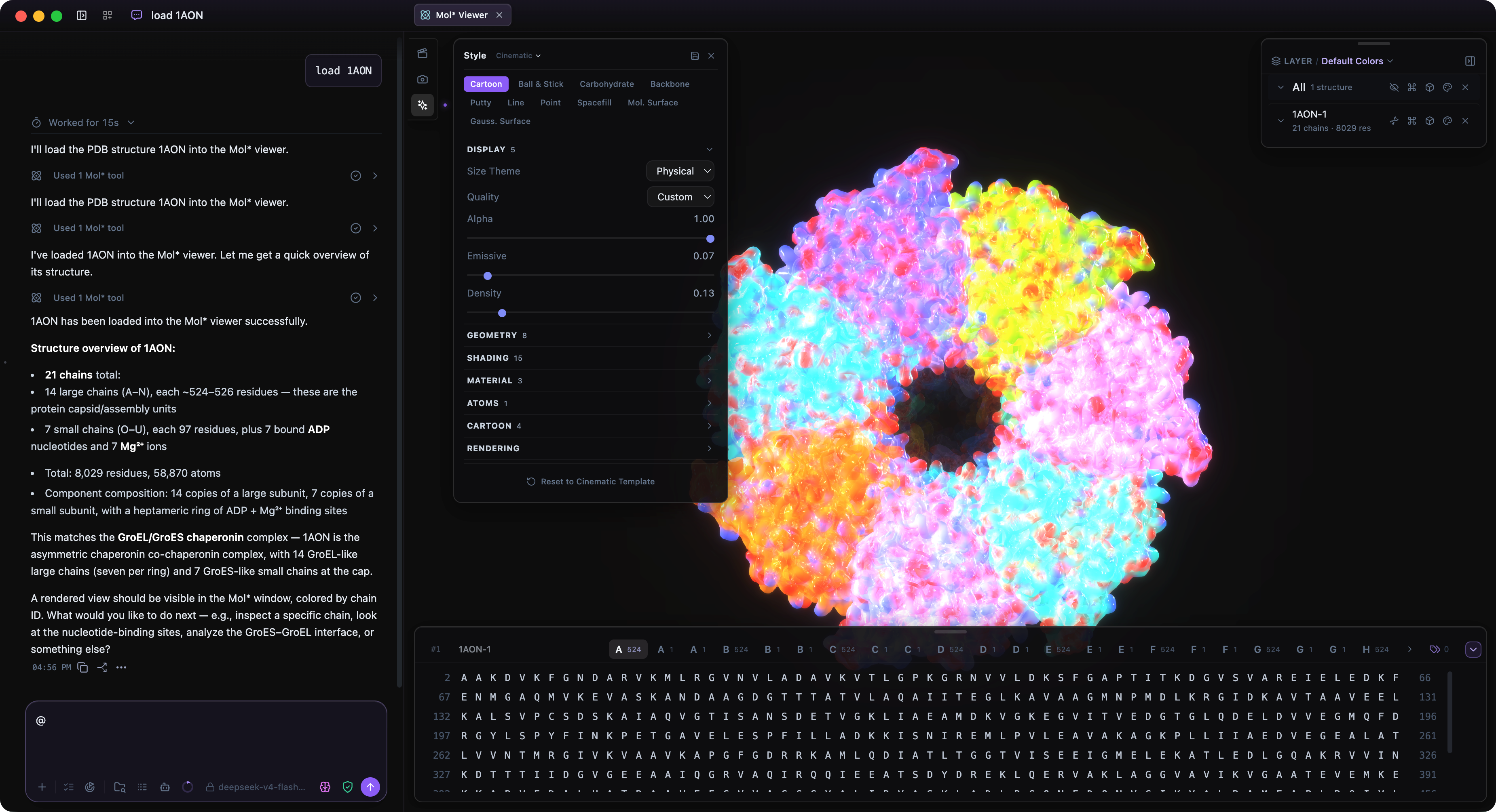 Levin conversation and Mol* molecular workspace shown side by side while the Agent analyzes a GroEL-GroES structure