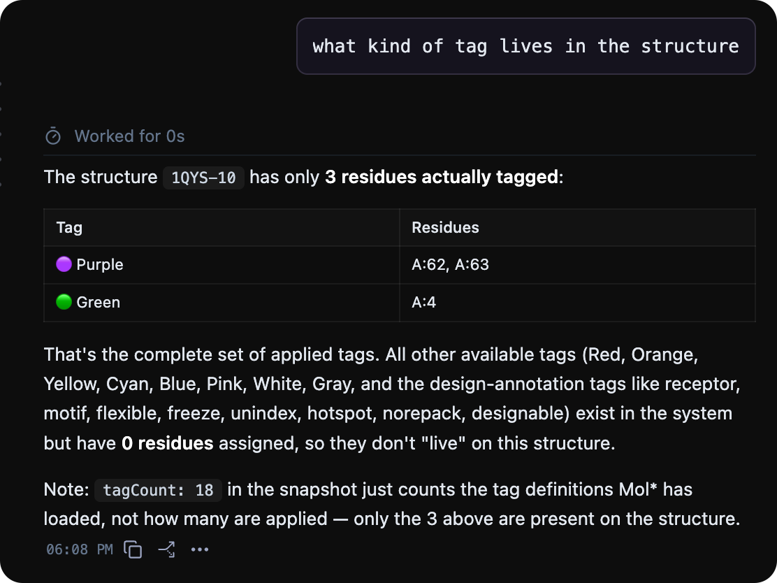 Tagged residues and tag details in the Mol* structure view