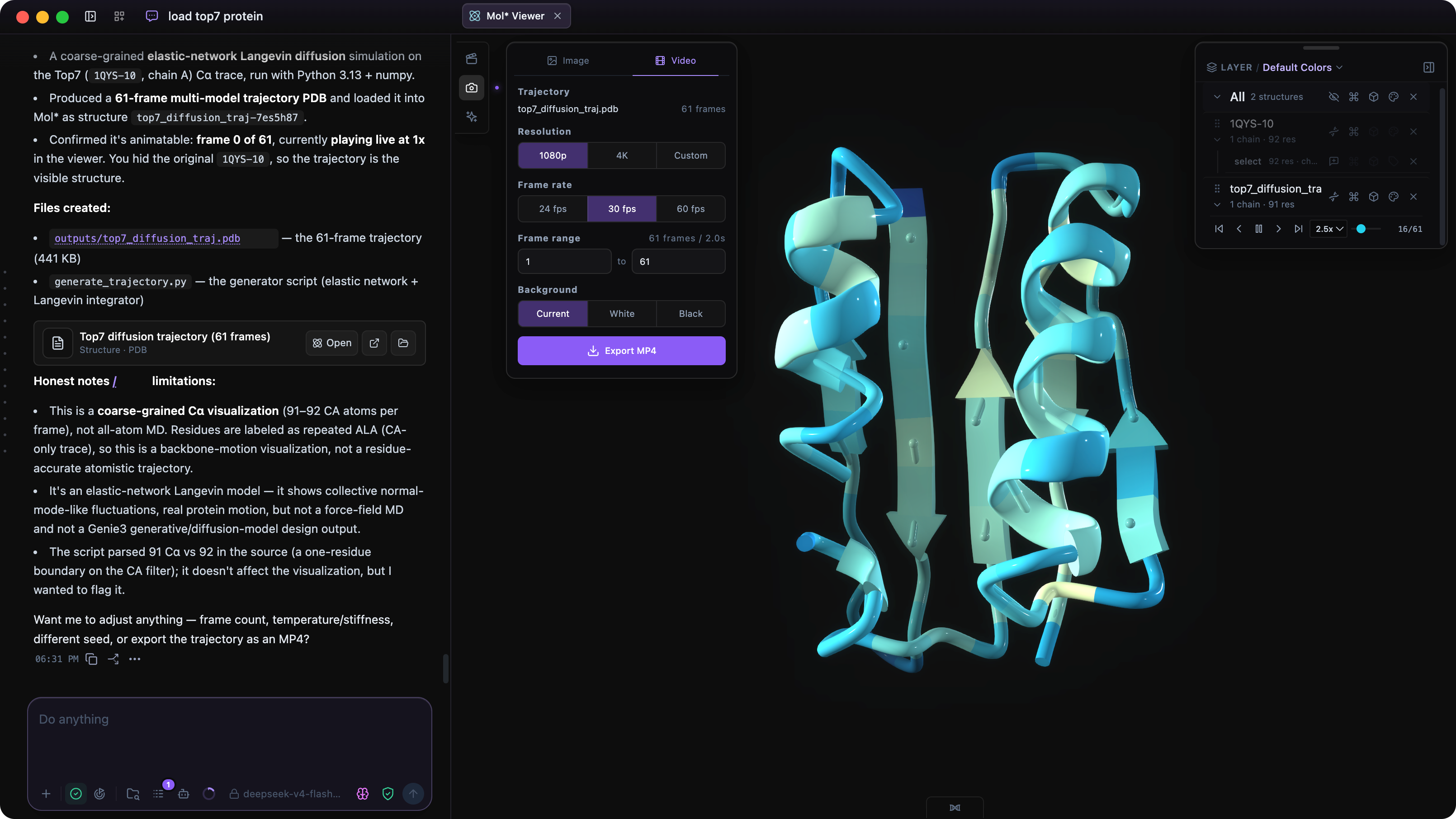 Mol* video export panel with trajectory, resolution, frame rate, and frame range controls