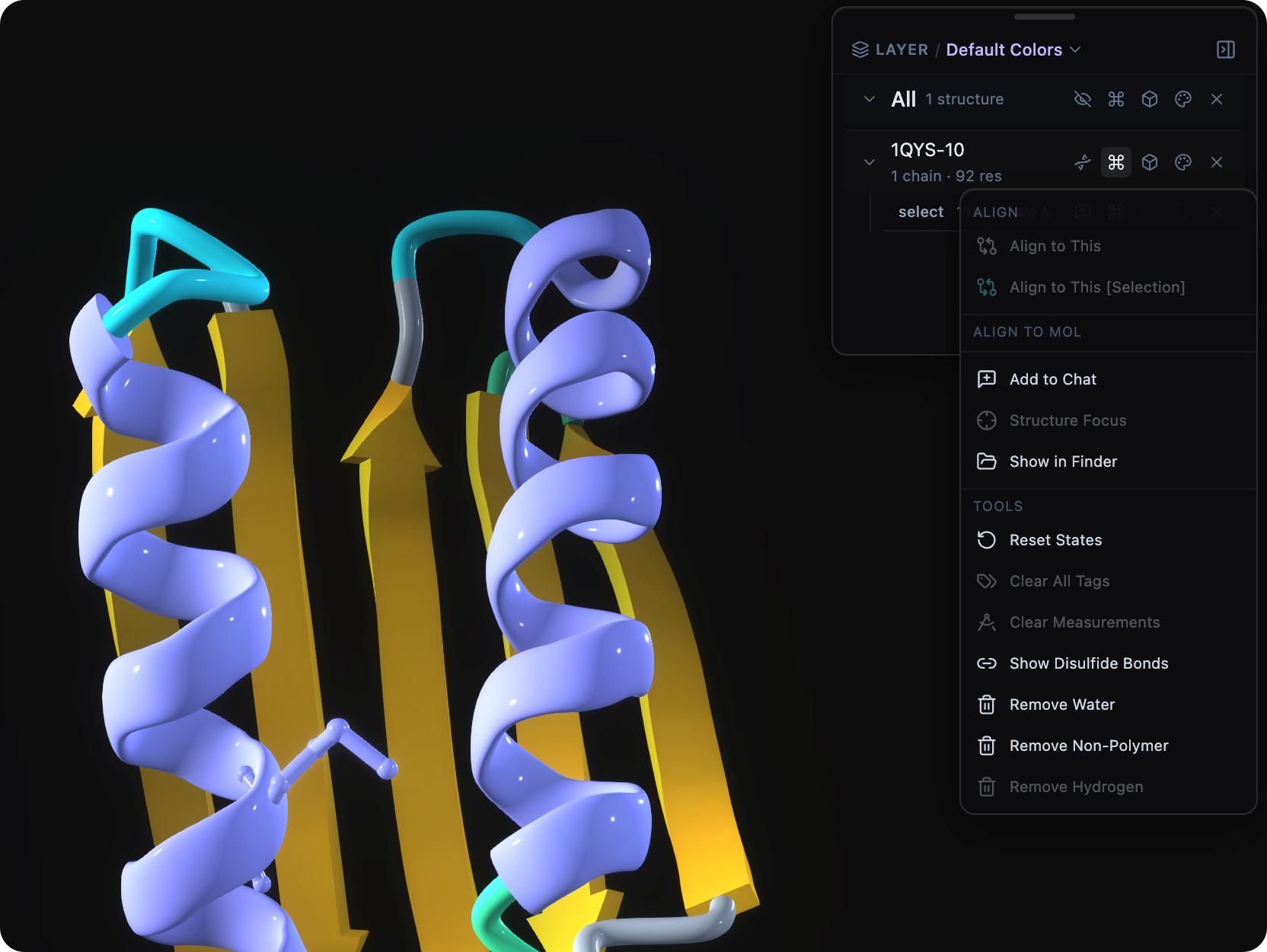 Mol* molecular control panel for layers, selections, and structure actions