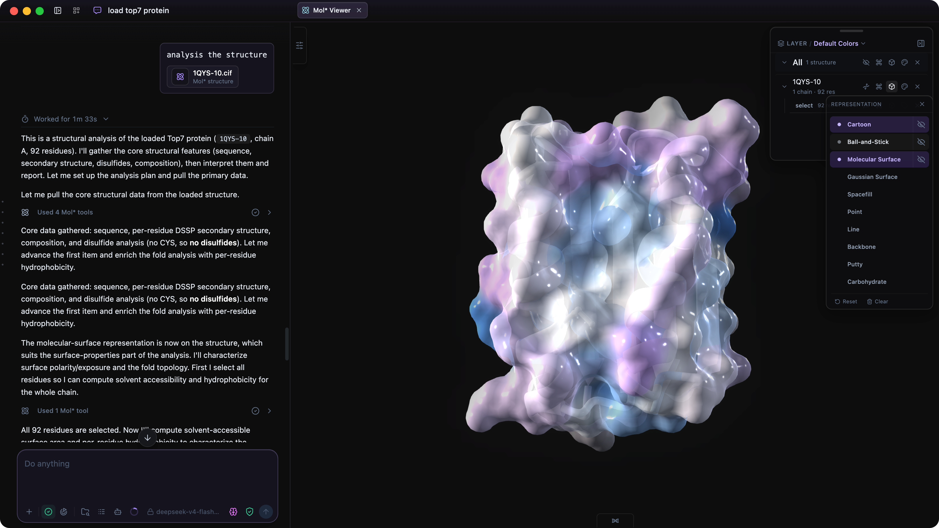 Molecular Graphics control panel adjusting structure representations in Mol*