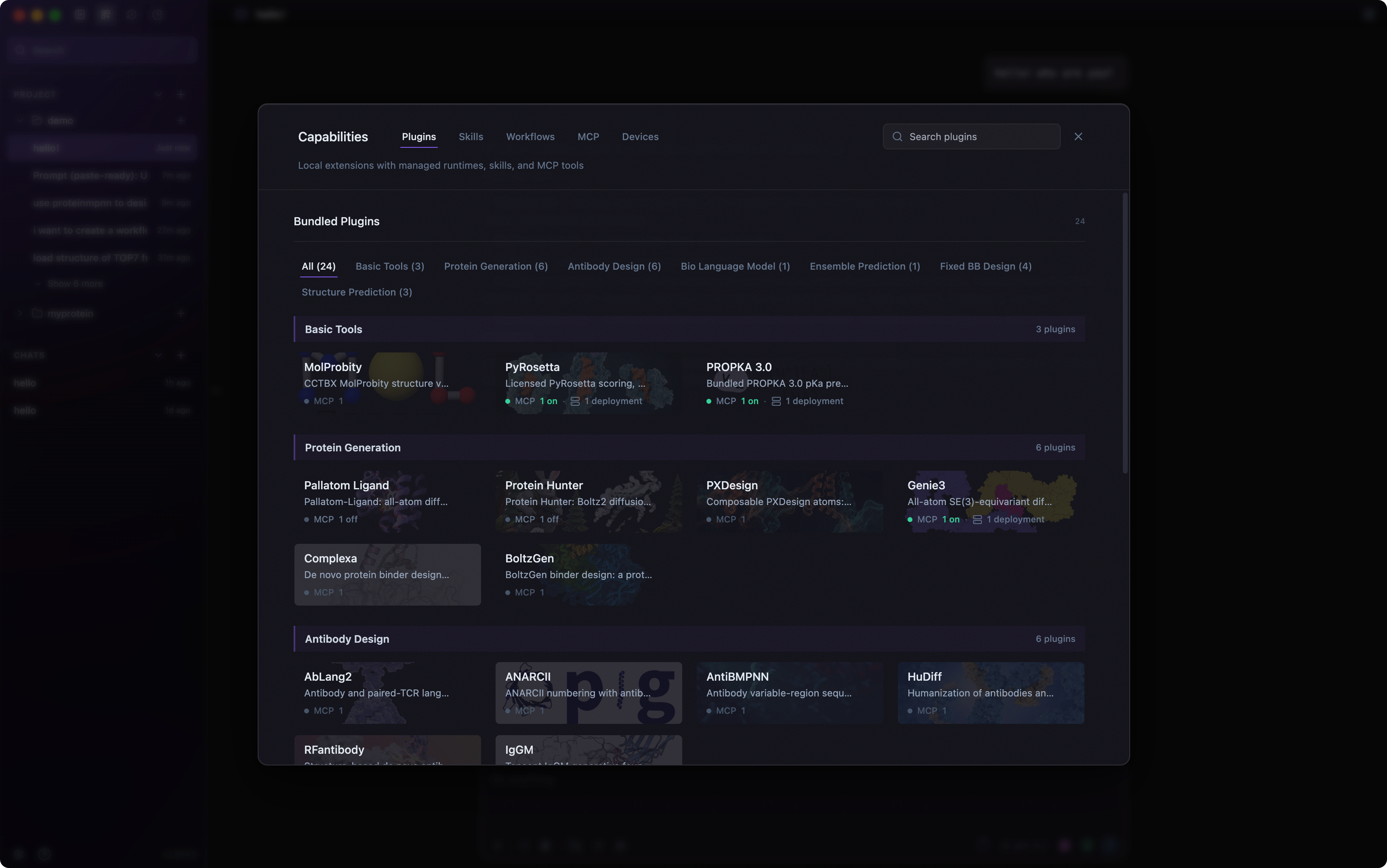 Lévin™ Harness plugin catalog showing bundled scientific tools grouped by research capability
