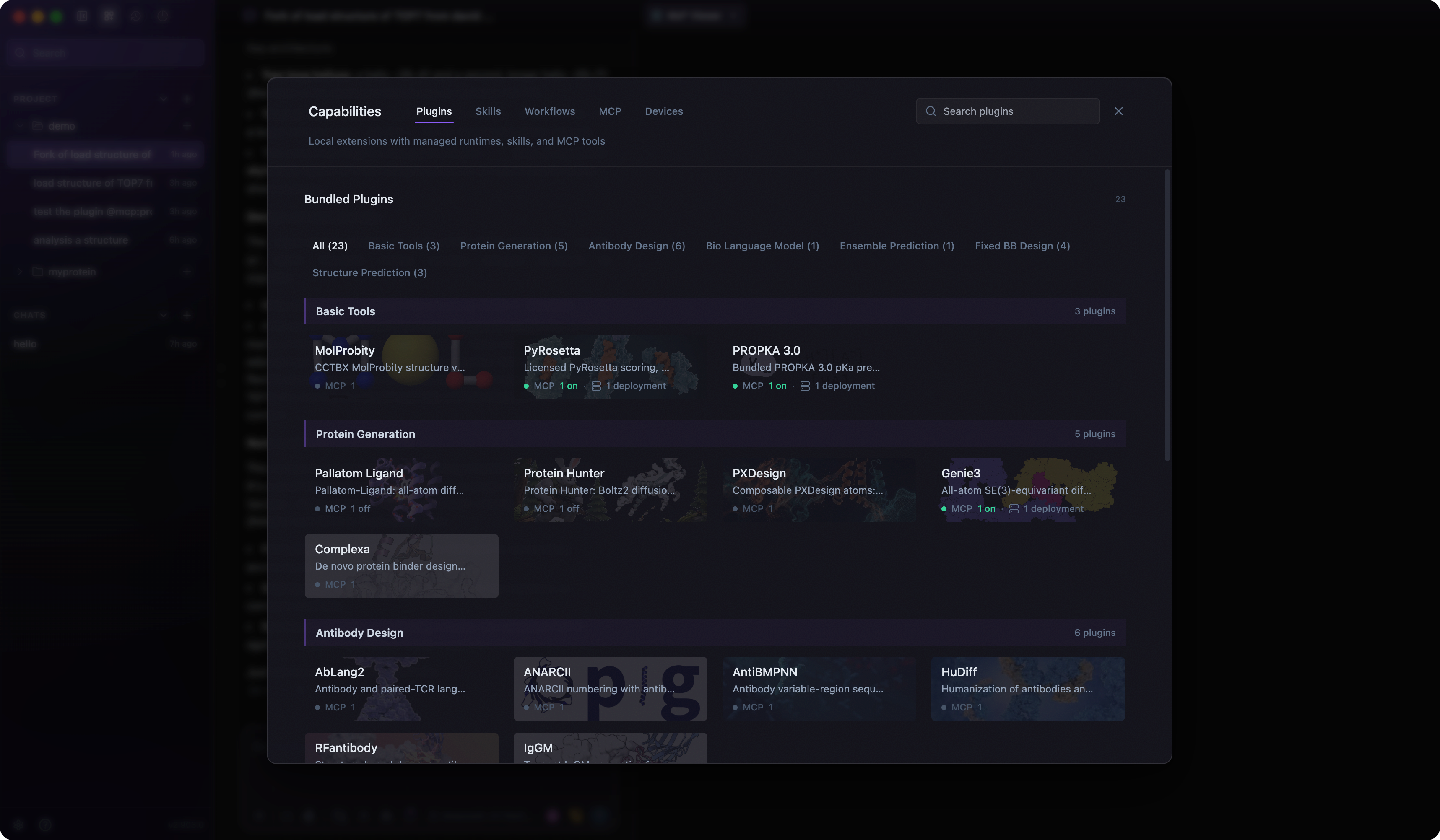 Levin plugin catalog showing bundled and personal plugins with capability tabs