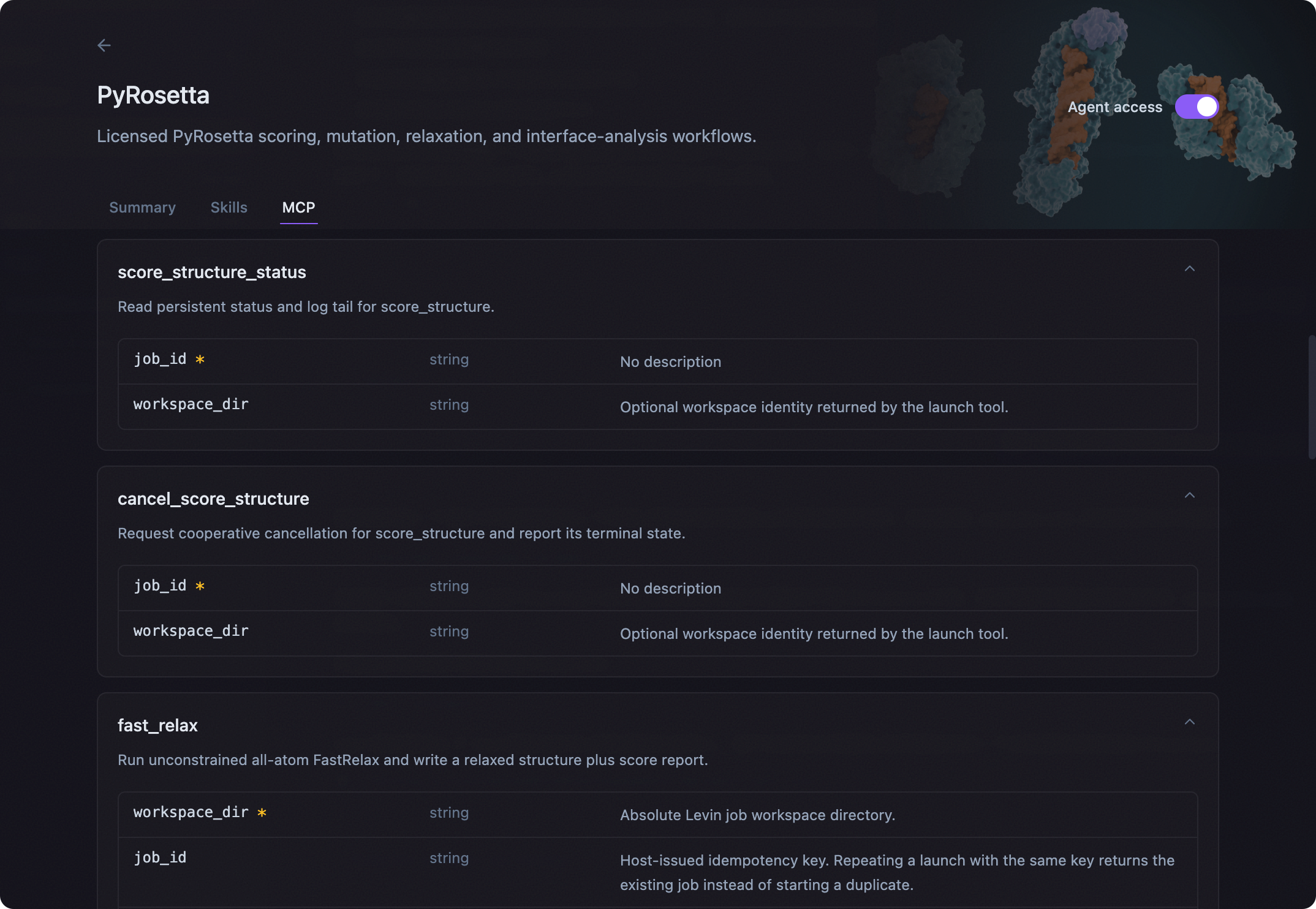 PyRosetta MCP detail view listing available tools and their input parameters