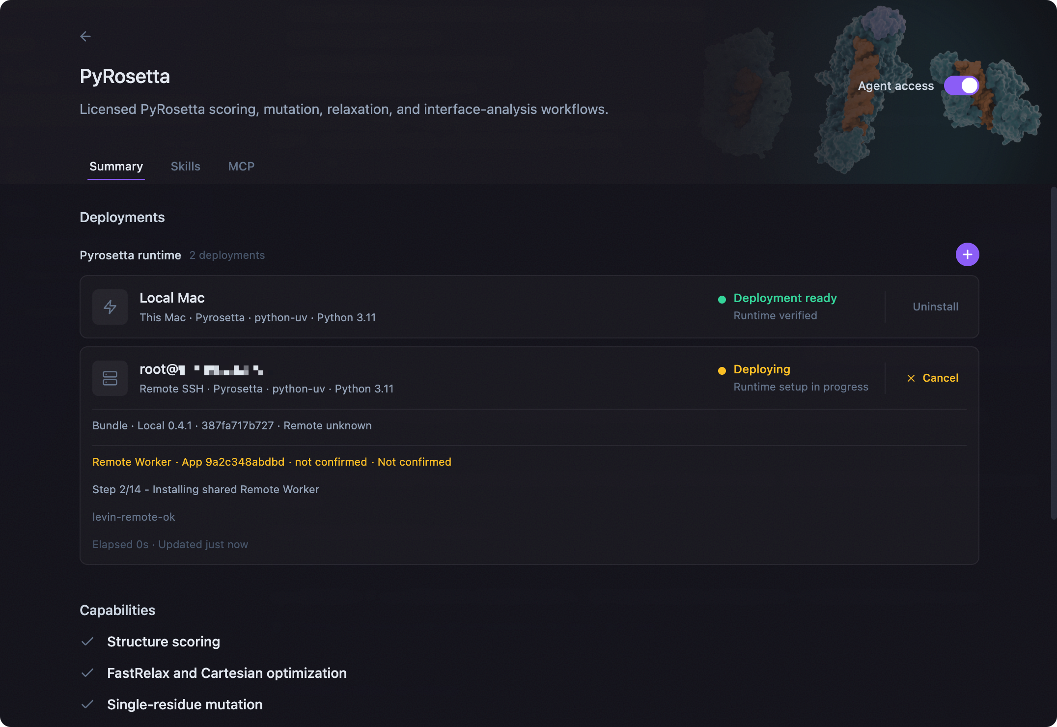 PyRosetta Runtime deployment summary showing Local Mac and remote SSH deployments
