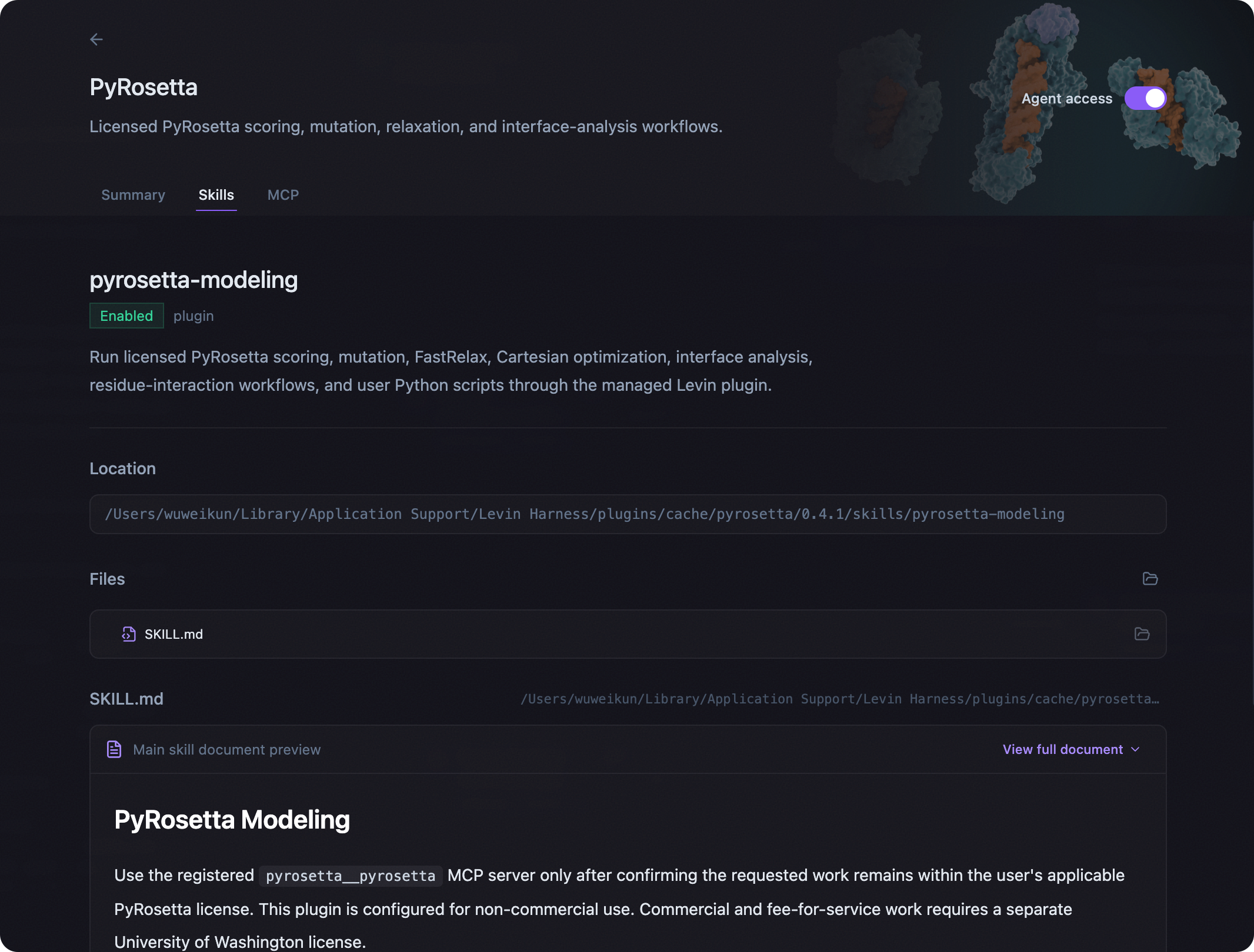 Levin PyRosetta plugin detail view showing its skills, MCP service, and enabled state