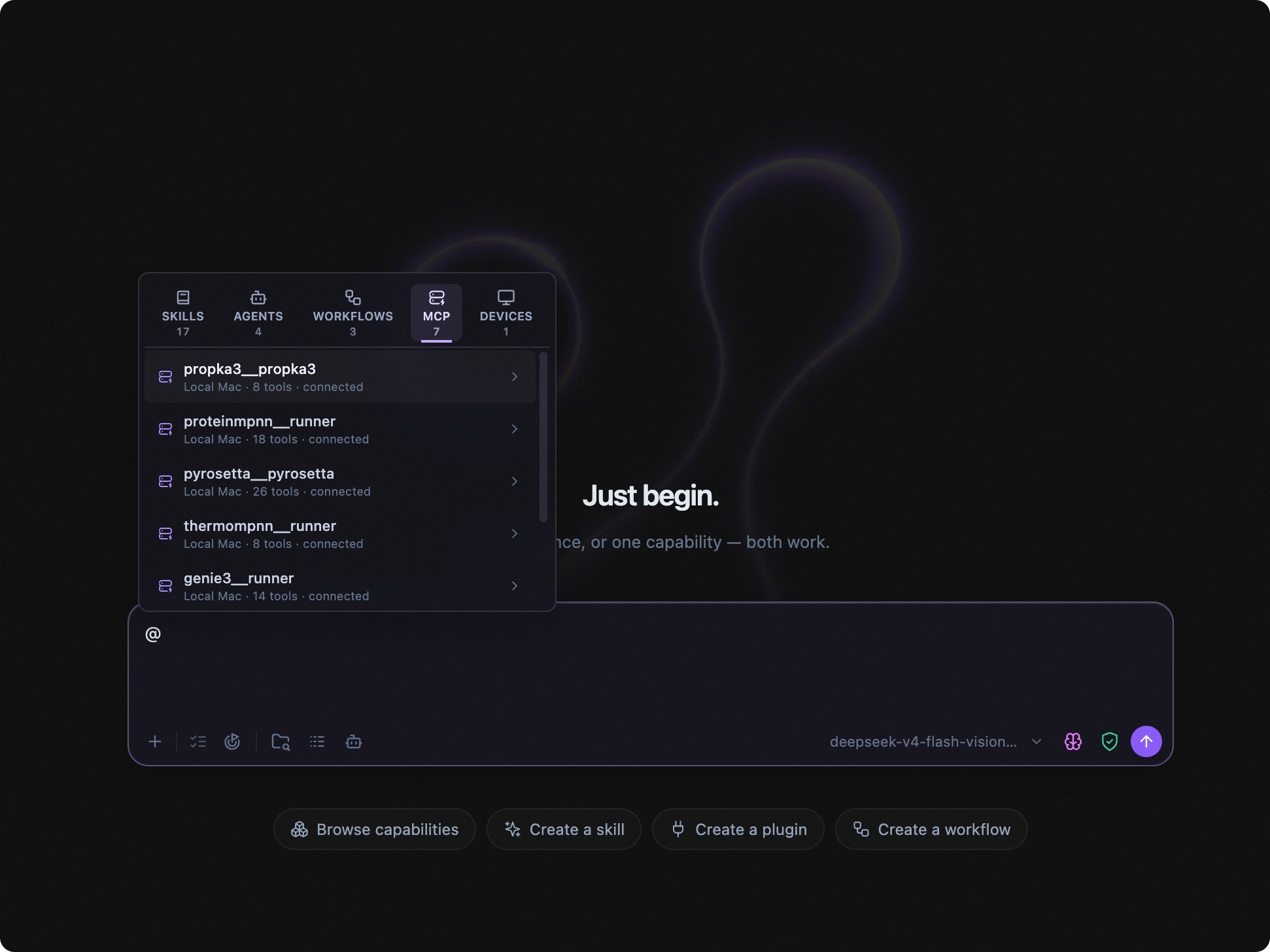 Levin Chat composer with the @ menu open to plugin MCP services