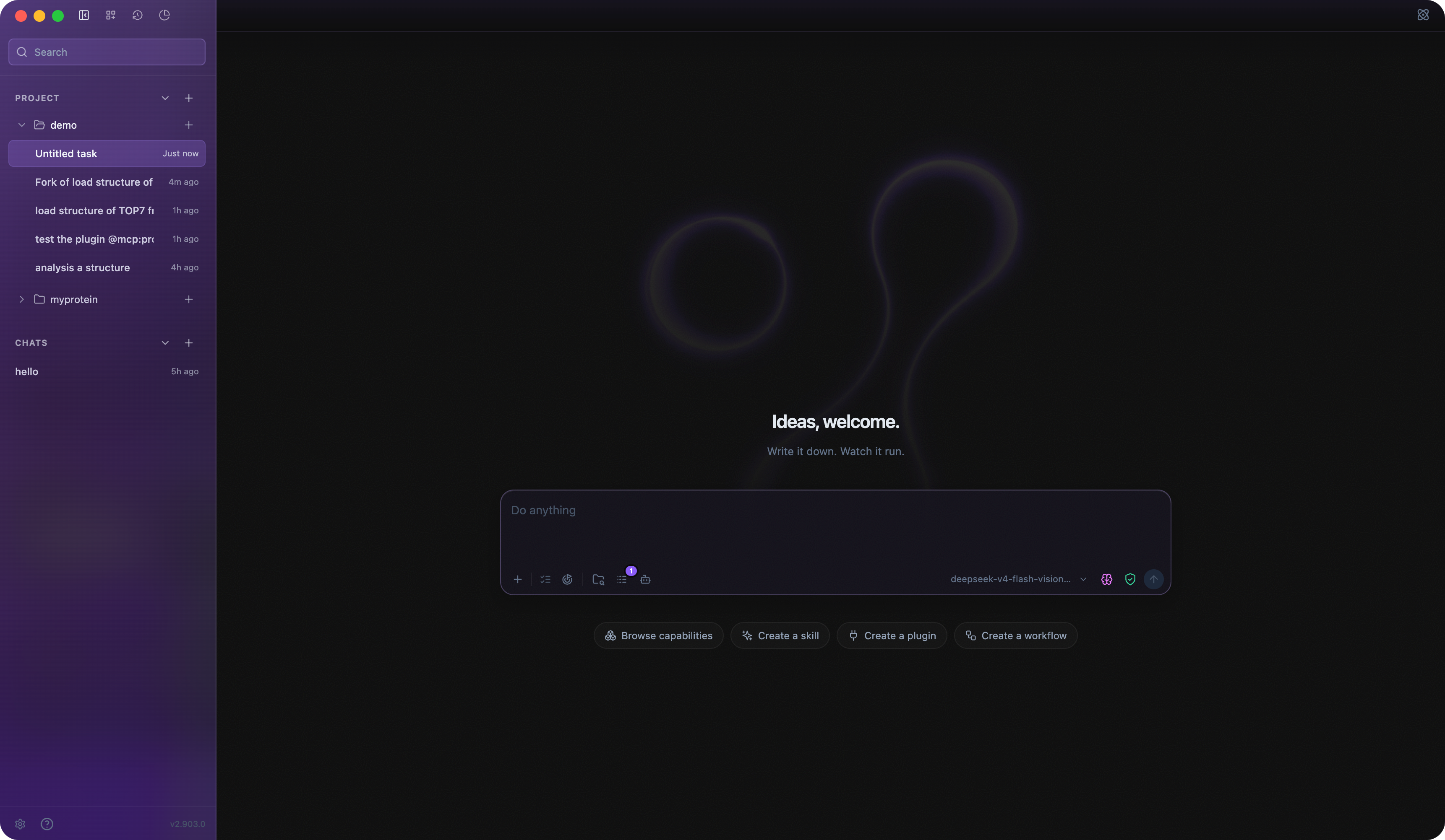 Levin Chat Workspace with projects and conversation history on the left and the new-task composer in the center