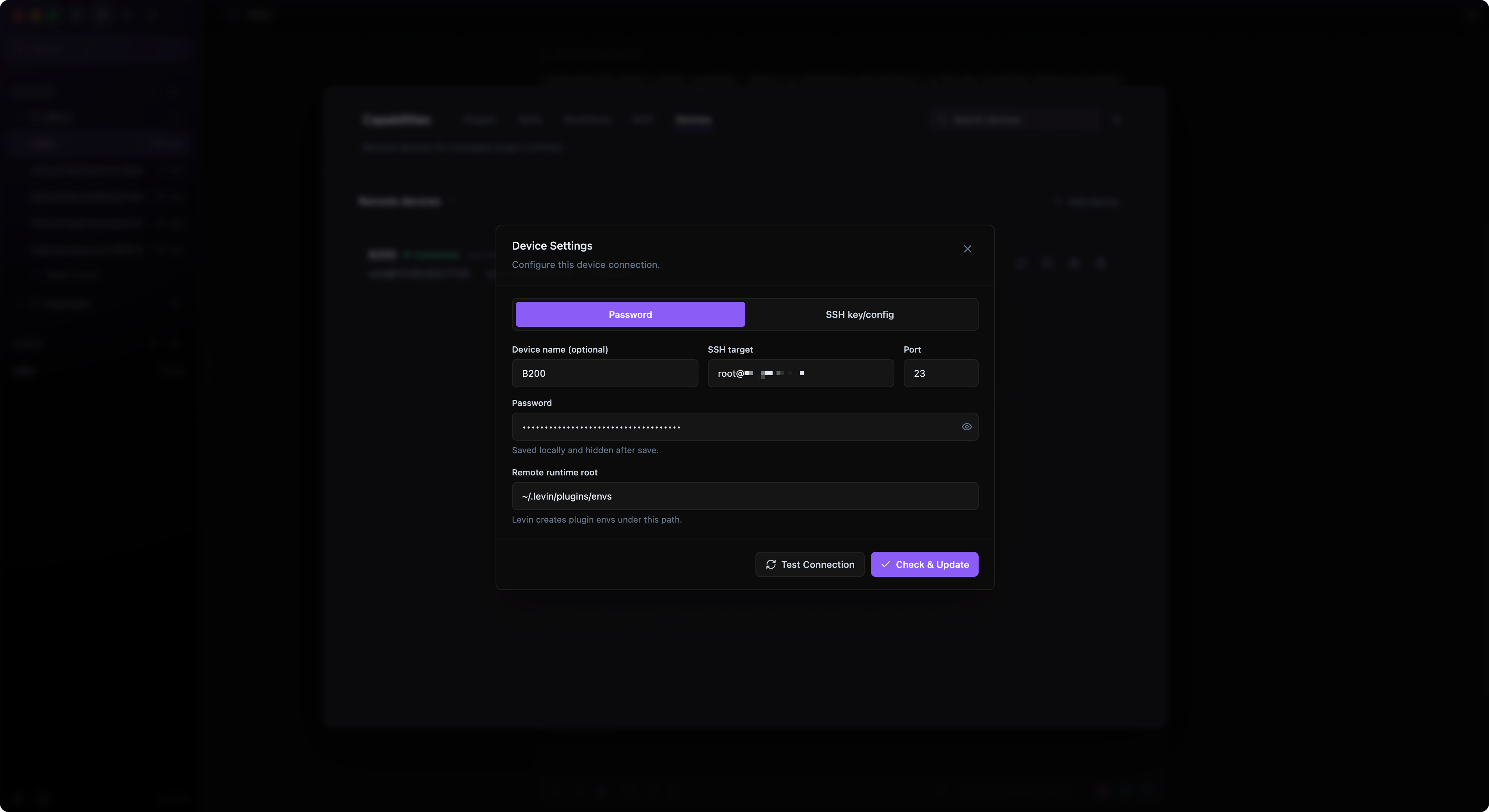 Lévin™ Harness Device Settings dialog for configuring an SSH connection