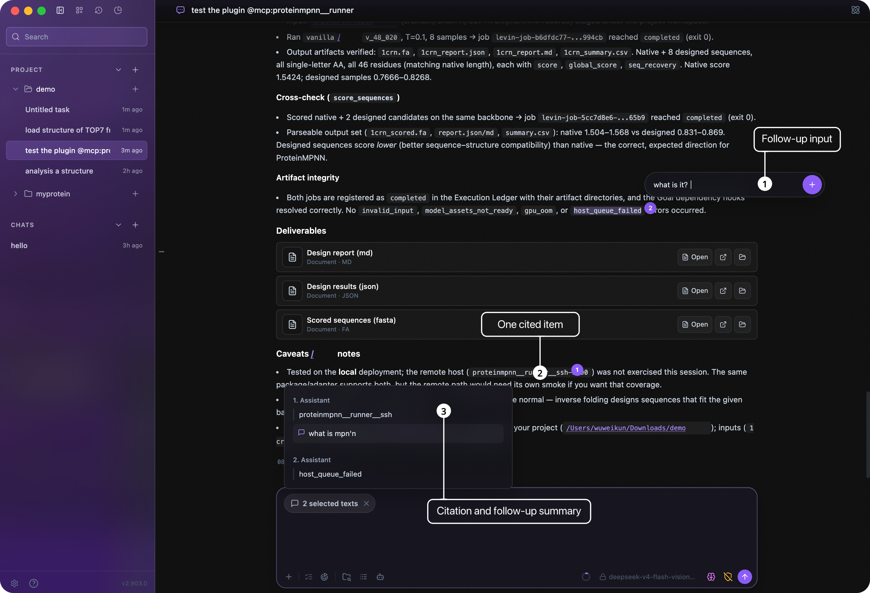 Annotated Lévin™ Harness conversation showing selected text added to the current task and summarized in the follow-up composer