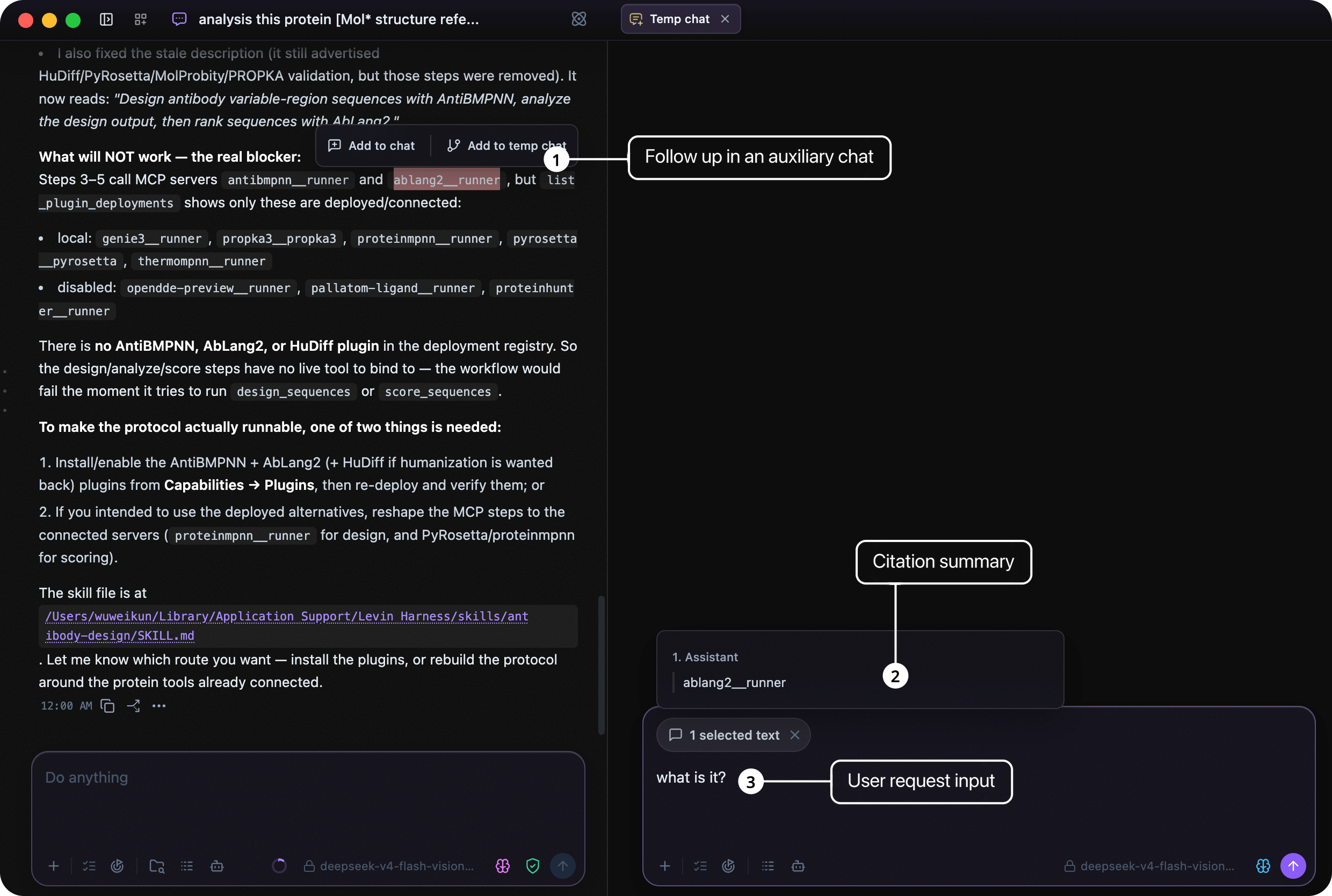 Annotated Lévin™ Harness side chat opened from selected conversation text