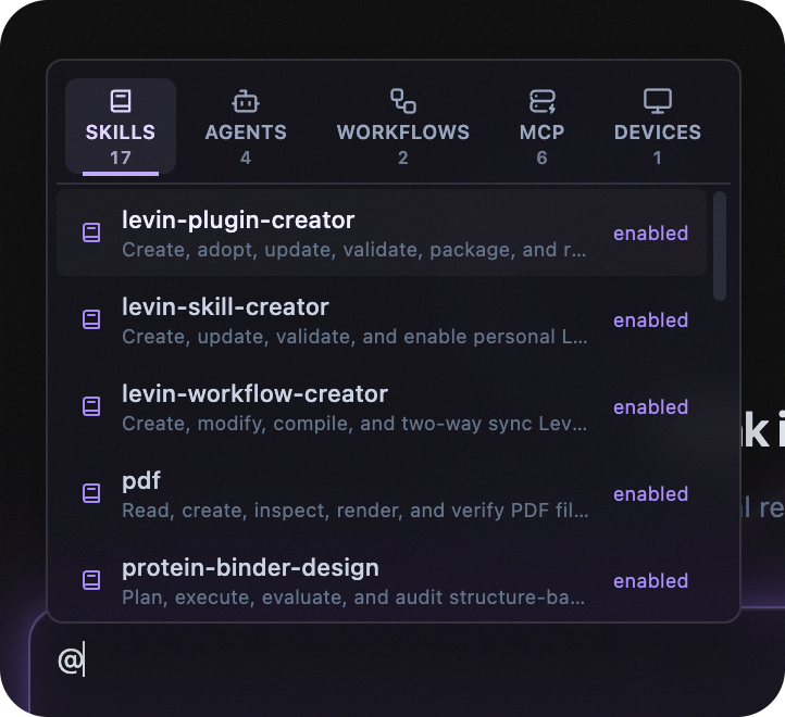 Levin capability picker open to Skills, with the Agents, Workflows, MCP, and Devices tabs also visible