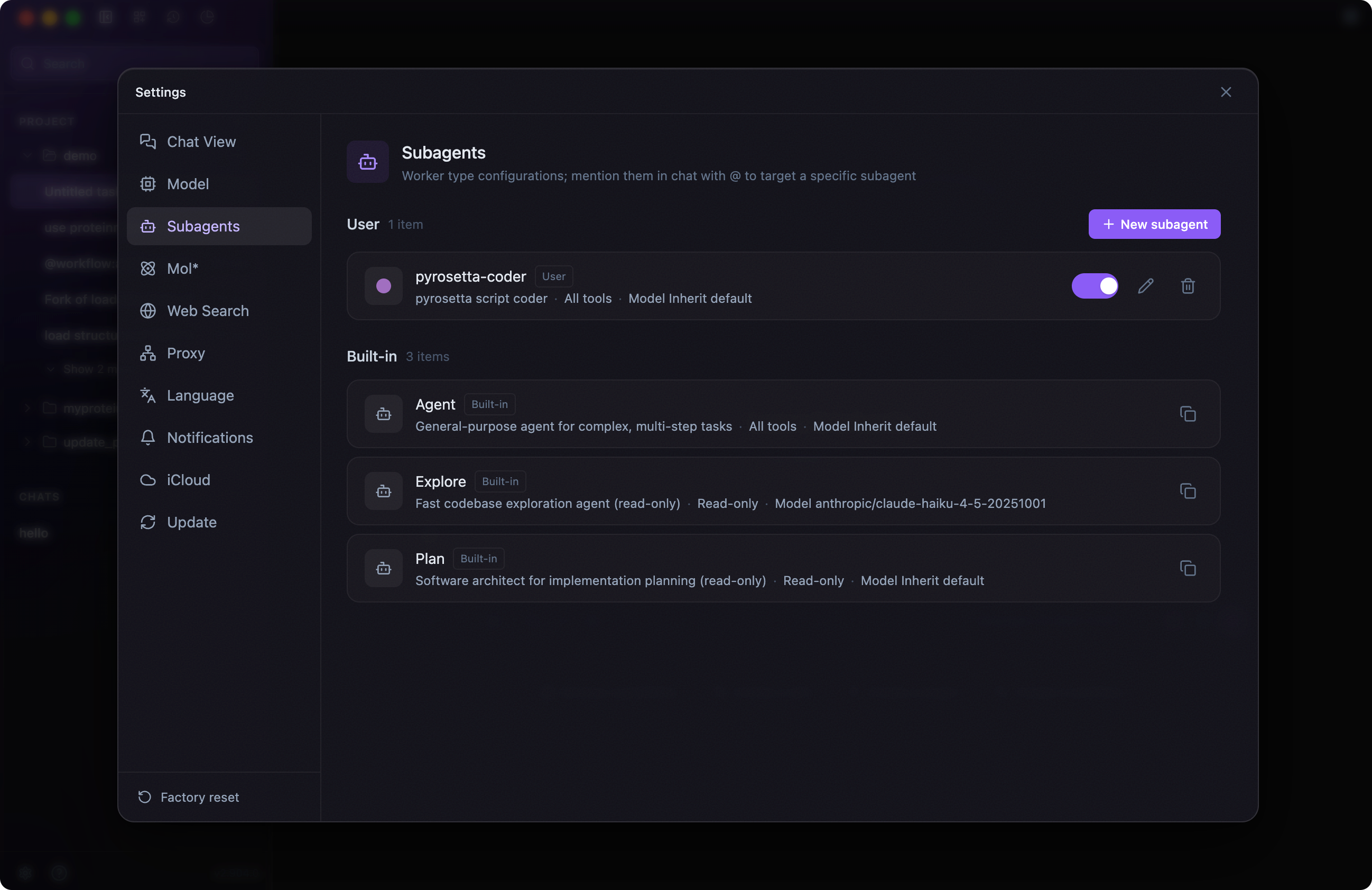 Lévin™ Harness Subagents settings showing a user Agent and the built-in Agent, Explore, and Plan roles