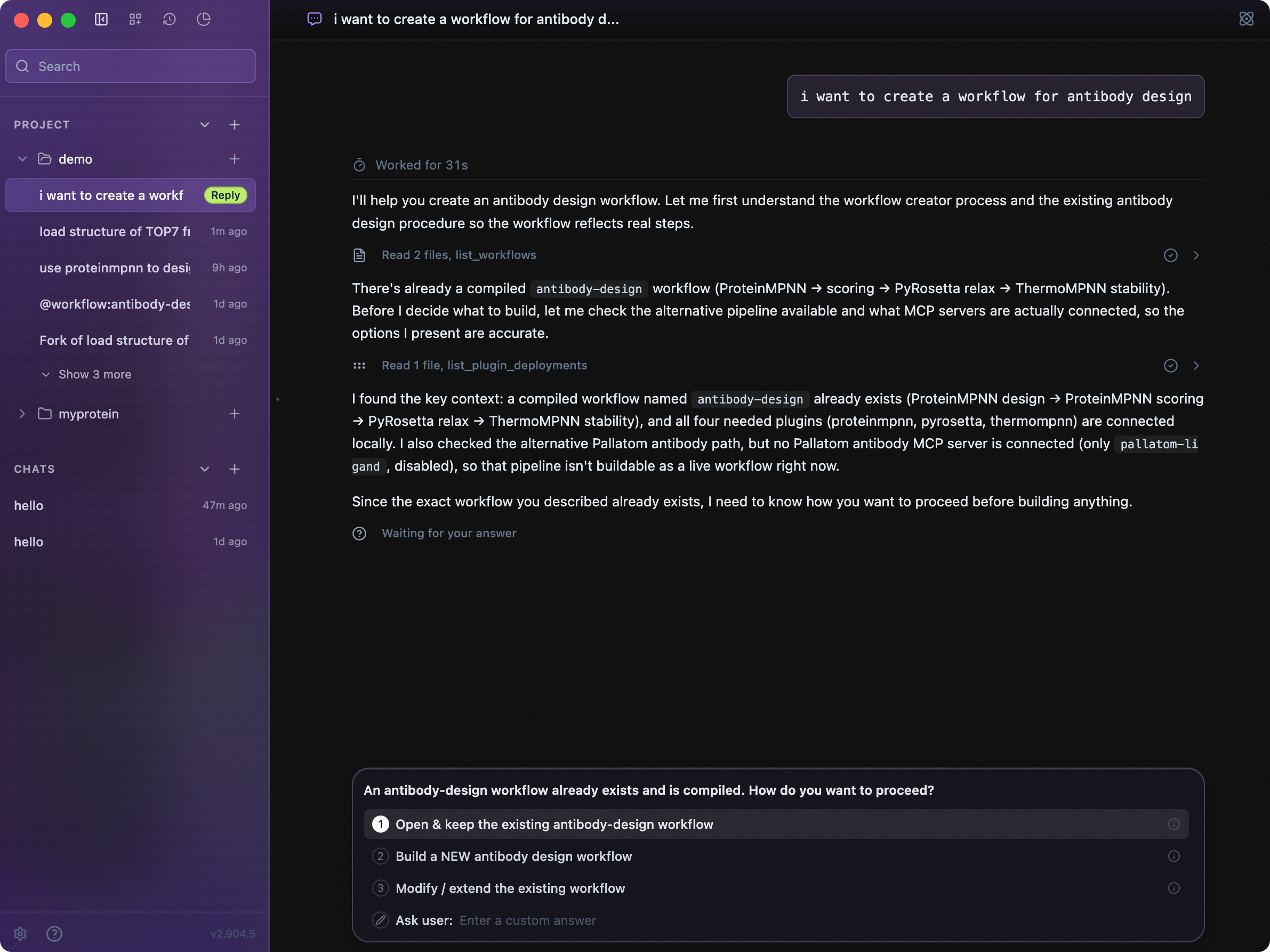 Levin Agent conversation creating a workflow and asking for a workflow design choice