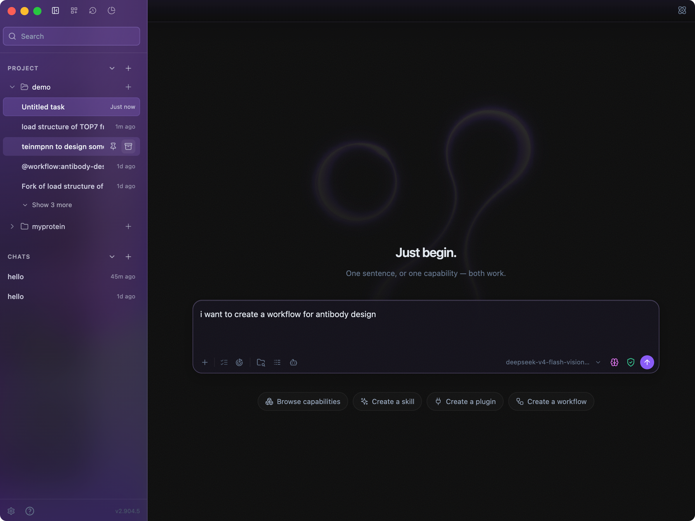 Levin Agent chat composer with a workflow creator skill prompt