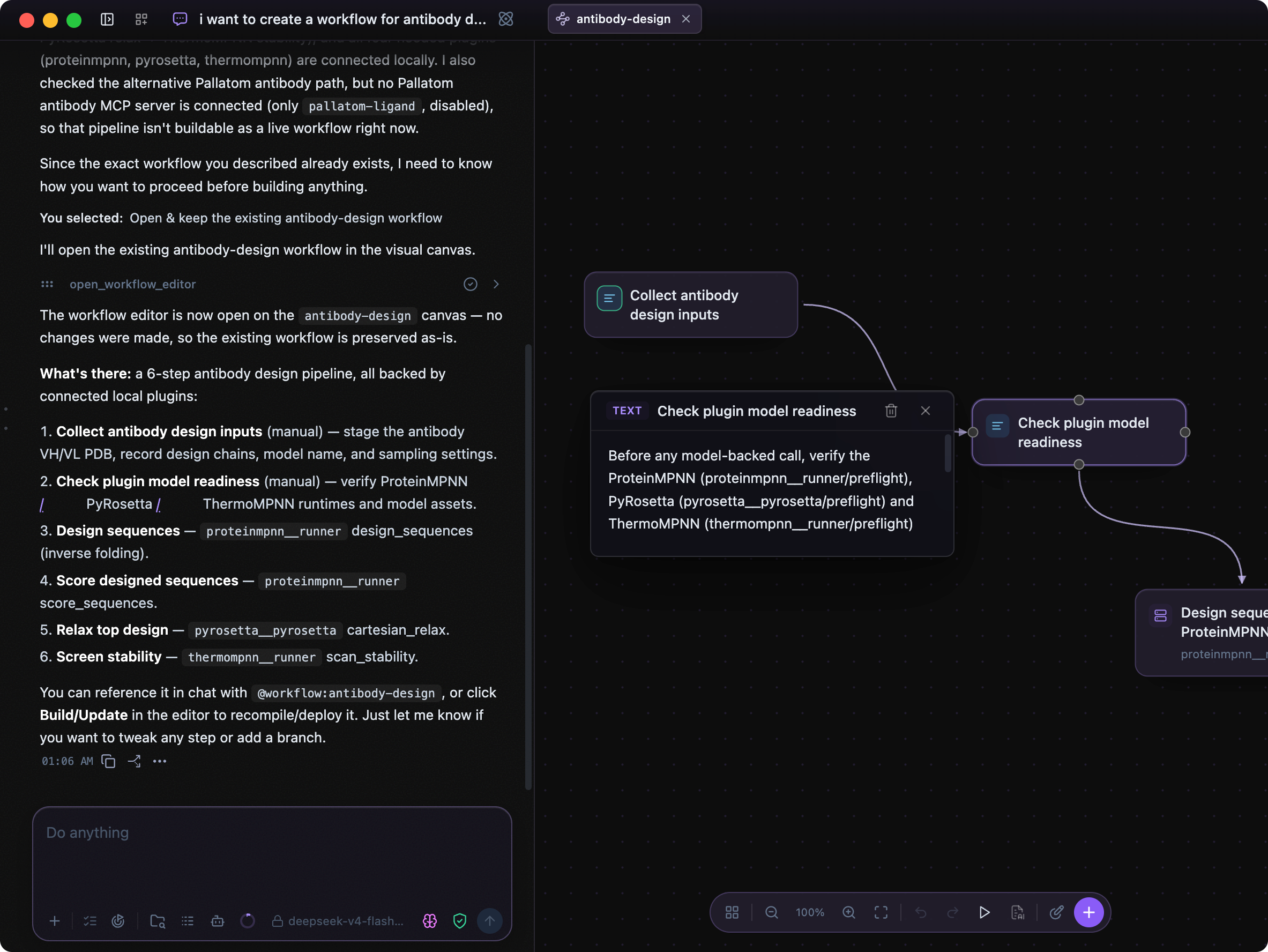 Levin workflow canvas open beside Agent output while reviewing step details and tool settings
