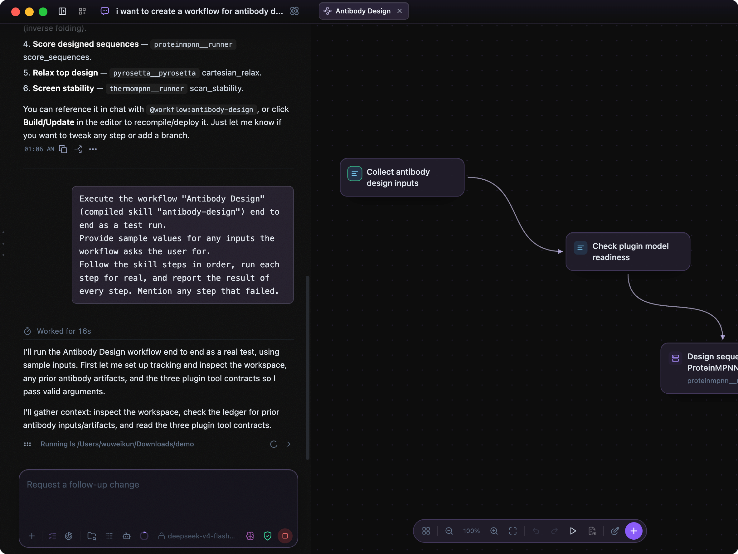 Levin Agent autonomously testing a workflow while the complete workflow graph remains open beside it