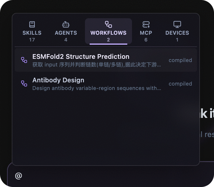 Levin capability picker listing available Workflows