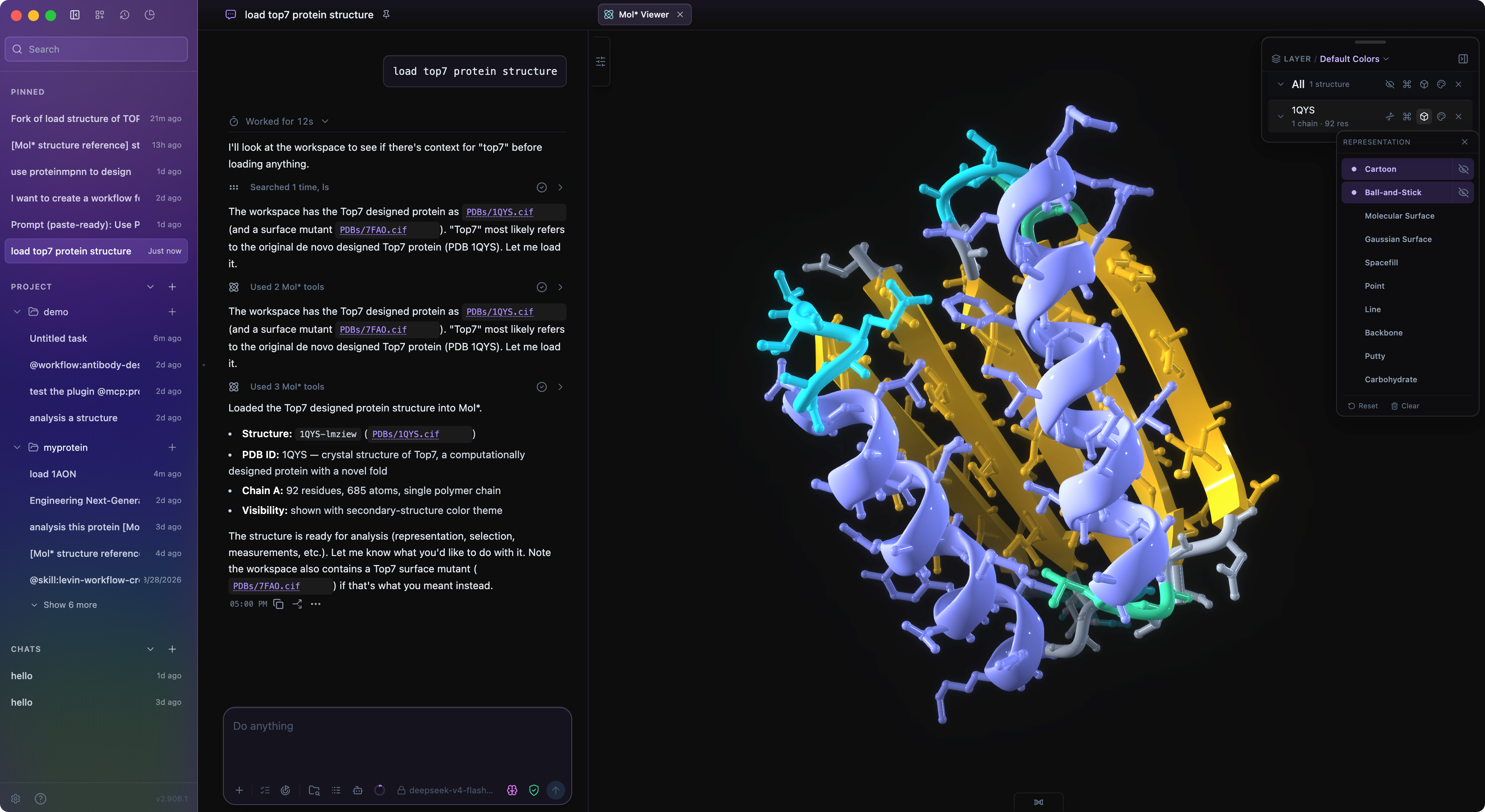 Lévin™ Harness Mol* viewer analyzing the Top7 protein structure with representation controls open