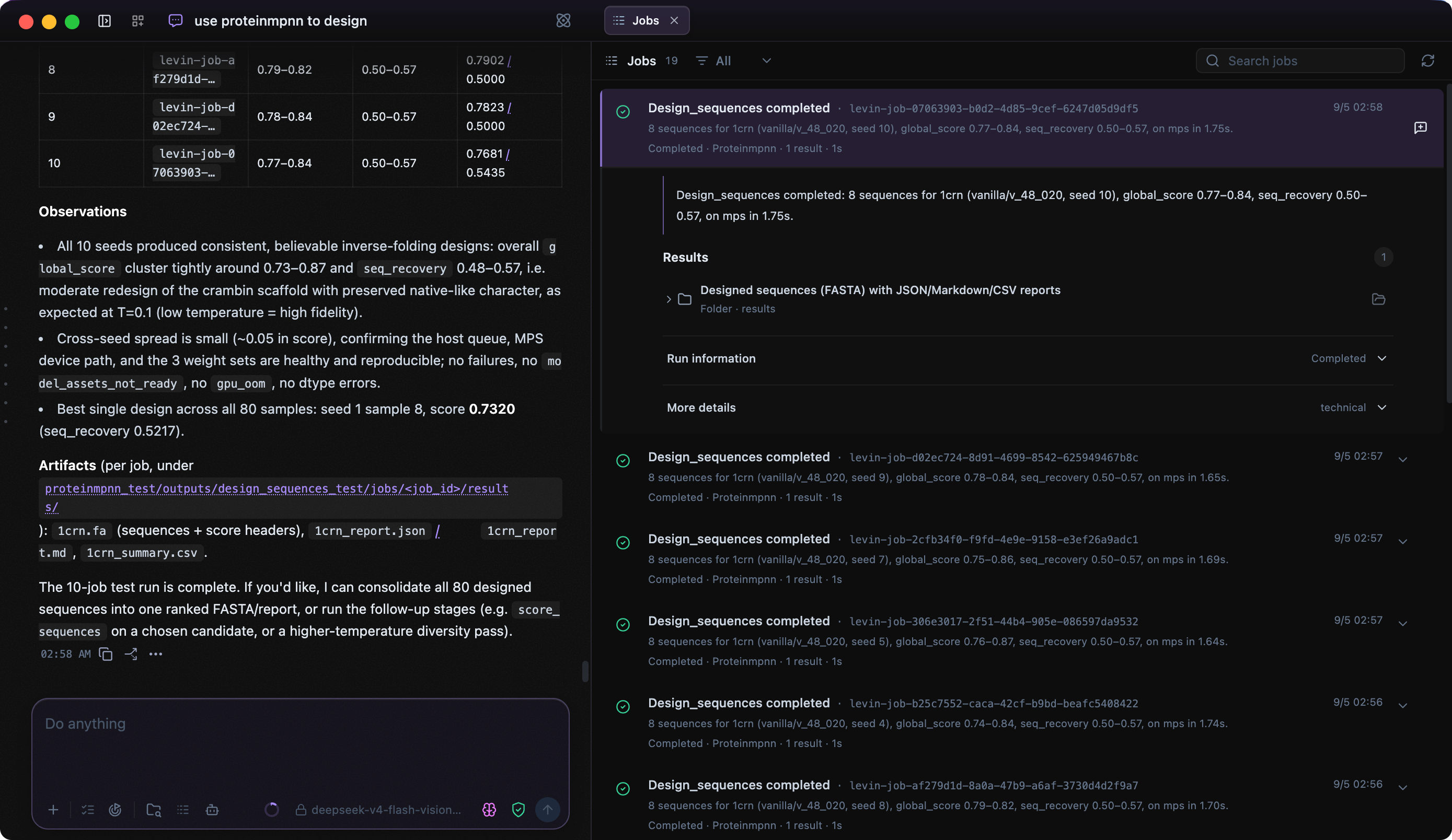 Lévin™ Harness Chat Workspace and Jobs panel showing completed remote ProteinMPNN jobs and retained results