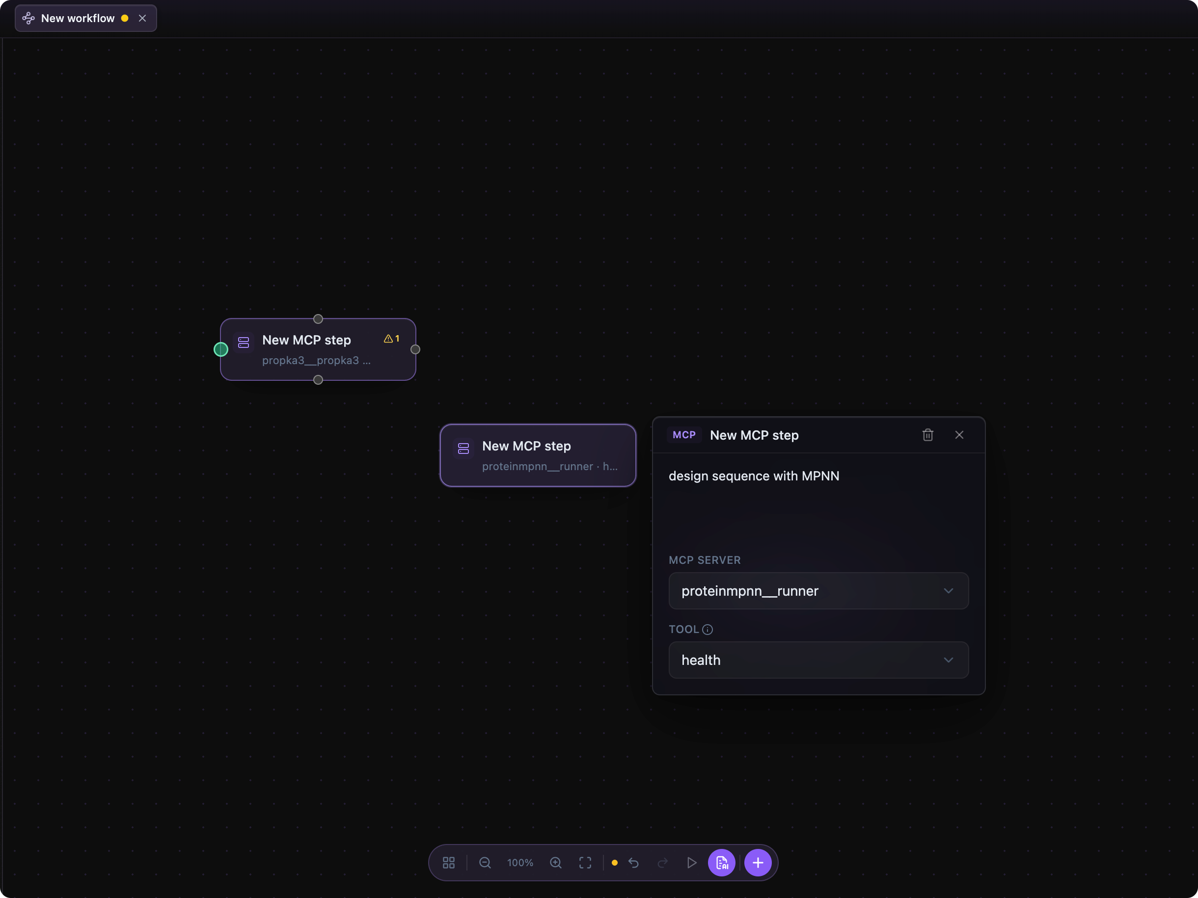 Levin workflow canvas with a step detail panel open for editing an MCP card