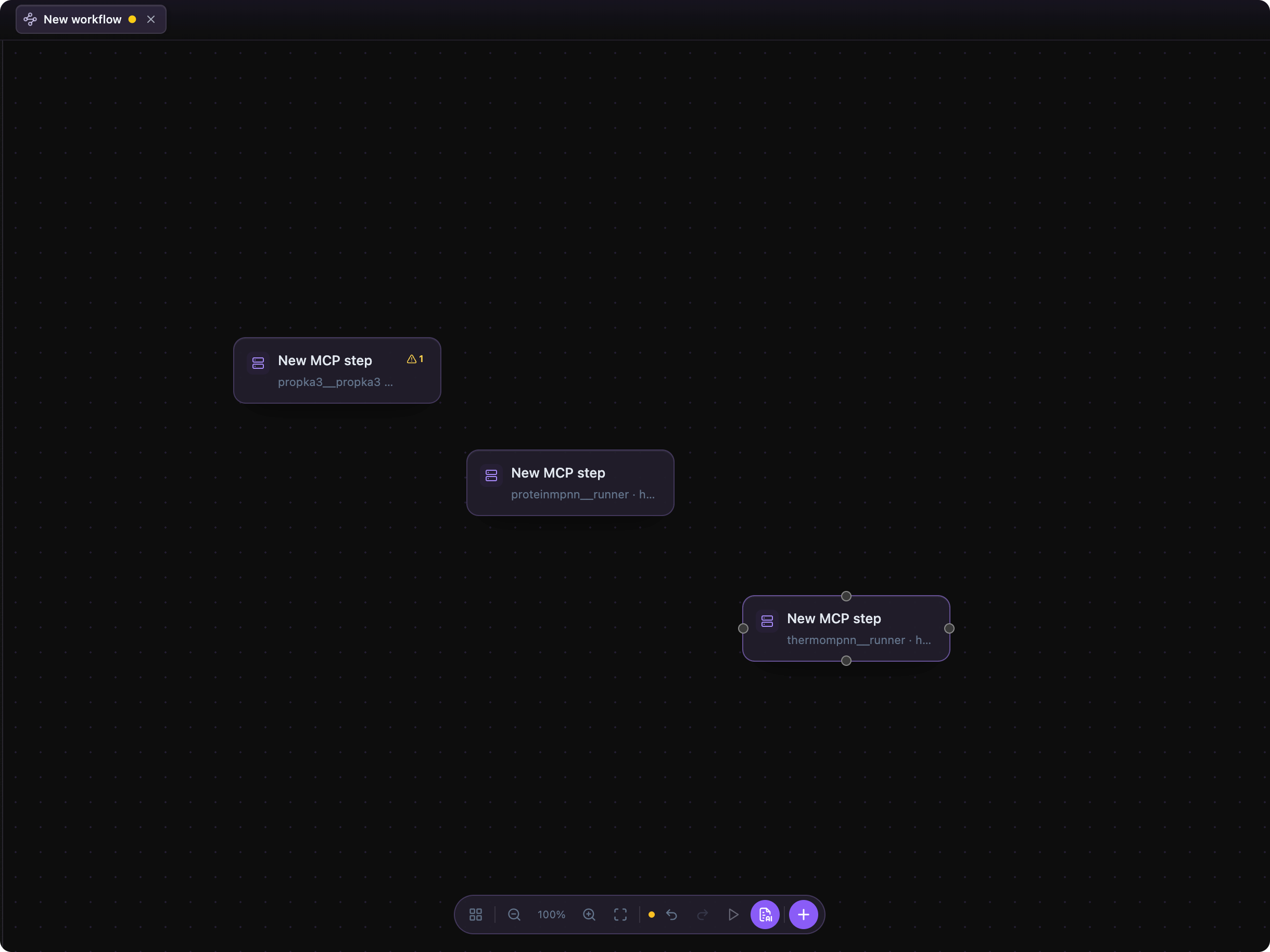 Levin workflow canvas with three draft MCP step cards ready to be connected